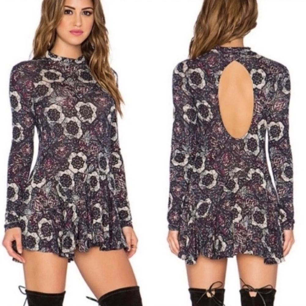 FREE PEOPLE Annabelle Mini Dress Size Small Plum Combo Floral Rayon Linen Boho